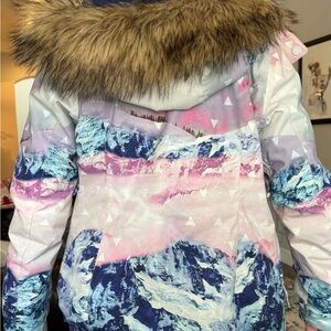 Roxy Women's Pink and Blue Ski Jacket with Faux Fur Hood